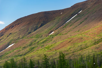 Tundra and mountains of Putorana plateau. The landscape of the tundra, the Putorana plateau, Siberia, Russia.
