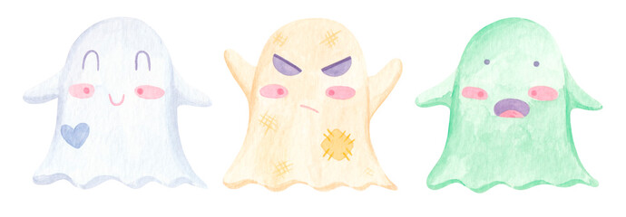 Set of cute watercolor hand drawn ghosts with different emotion. Design element for Halloween.