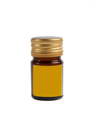 brown glass pill jar with yellow label