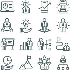 Business strategy icons set vector illustration. Contains such icon as head hunting, employee management and more. Expanded stroke