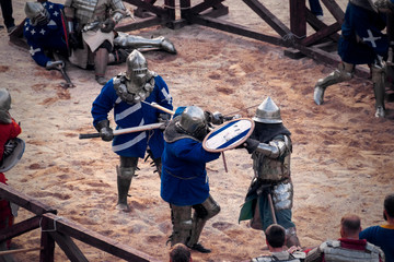 A small battle between the knights. Medieval reconstruction.