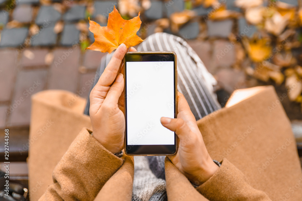 Wall mural woman holding phone with white screen outdoors yellow maple leaf