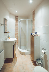 Modern simple interior of bathroom. Shower cabin. White sink. Filtered.