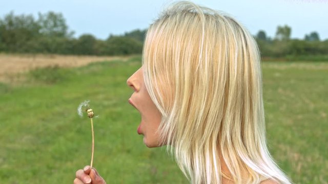 Profile side view of young woman blowing dandelion seeds in a field meadow