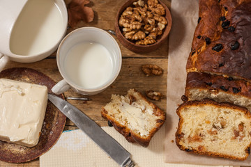 Barmbrack or bairin breac is a traditional Irish sweet yeast bread with grapes and raisins, often eaten with afternoon tea butter and traditionally served on Halloween.