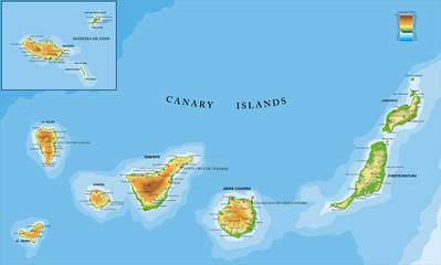 Canary and Madeira islands physical map