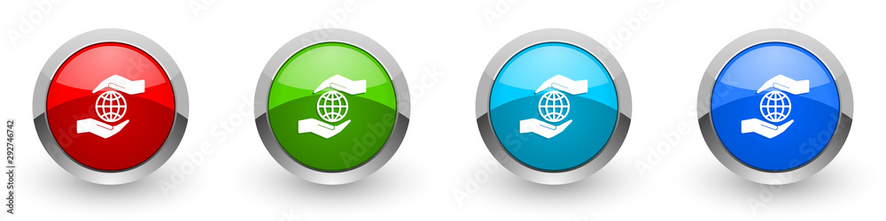 Aufkleber hand care planet environment silver metallic glossy icons, red, set of modern design buttons for web