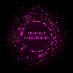 Abstract stipple background. Pink Luminous circles. Purple elegant glowing circle. Violet  light ring. Sparking particles. Colorful ellipse. Bright border.