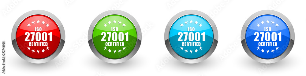 Aufkleber iso 27001 silver metallic glossy icons, red, set of modern design buttons for web, internet and mobi