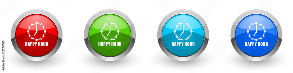 Poster happy hour silver metallic glossy icons, red, set of modern design buttons for web, internet and mob