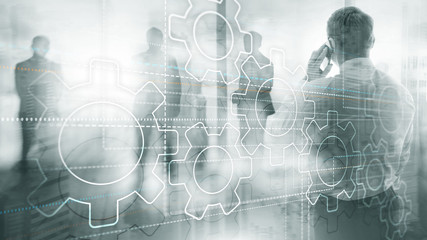 Fototapeta premium Business technology internet concept double exposure gears abstract background.
