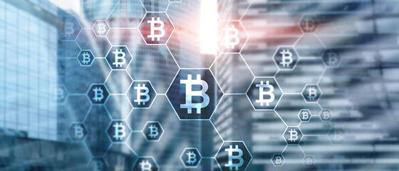 Blockchain concept on server room background. Bitcoin