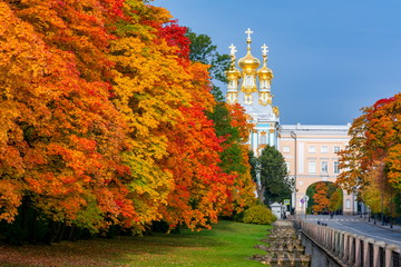 Catherine palace church dome in autumn foliage, Tsarskoe Selo, St. Petersburg, Russia
