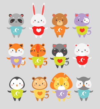 Cute animals flat vector illustrations set. Little rabbit, fox, tiger in color pajamas isolated cartoon characters. Bear, cat, monkey children toys cliparts pack. Wild mammals collection.