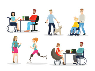 Disabled people flat characters set. Full-fledged life concept. Handicapped men and women with special needs vector isolated illustrations pack. Social anti-indifference project design elements.