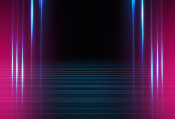 Empty background scene. Dark street reflection on wet asphalt. Rays of neon light in the dark, neon shapes, smoke. Background of an empty stage show. Abstract dark background.