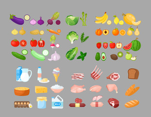 Food cartoon vector illustrations set. Fruits, vegetables, bakery, dairy and meat produce. Foodstuff isolated cliparts pack. Good nutrition concept. Grocery store, supermarket assortment.