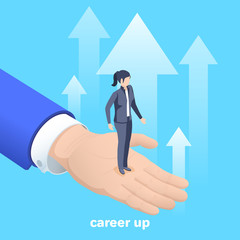 Fototapeta premium isometric vector image on a blue background, a girl in a business suit stands in the palm of a man, career growth and promotion