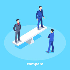 Fototapeta premium isometric vector image on a blue background, men in business suits are on balance, comparing abilities and skills of employees, choice of personnal
