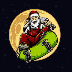santa claus ride a skateboard with full moon background, christmas theme vector