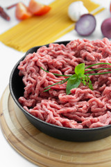 Minced beef red uncooked meat cooking ingredient hambruger steak white background copy space