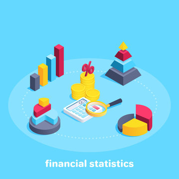 isometric vector image on a blue background, business and finance, money next to charts and a calculator with a magnifier, working with statistics