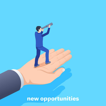 isometric vector image on a blue background, a man in a business suit looks through a telescope while standing on the other person’s hand, new opportunities and finding the path to success