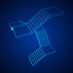 Wireframe stairs, interior staircases steps. Wireframe low poly mesh vector illustration.
