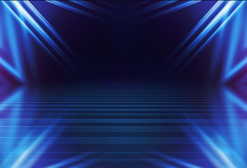 Fototapeta premium Empty background scene. Dark street reflection on wet asphalt. Rays of neon light in the dark, neon shapes, smoke. Background of an empty stage show. Abstract dark background.