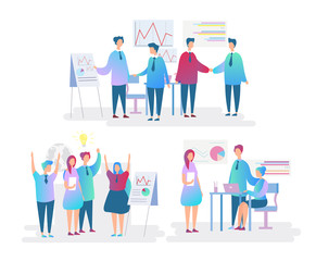 Fototapeta na wymiar Office workers flat characters set. Employees teamwork and cooperation. Perspective discussion, strategy building, success achievement concept. Company staff isolated vector illustration.