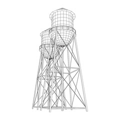 Water tower. Industrial construction with water tank. Wireframe low poly mesh vector illustration.