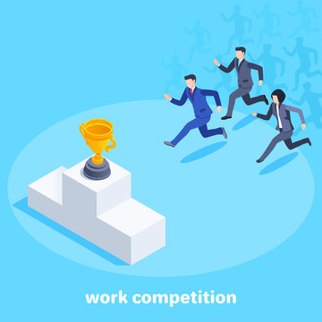 isometric vector image on a blue background, men and women in business clothes run to the podium with a cup, business competition and confrontation