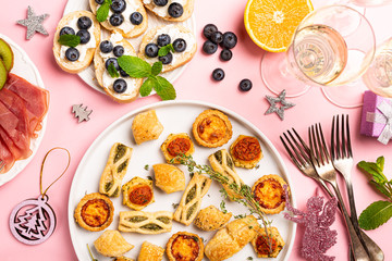 Christmas dinner party table, holiday food concept background, top view, flat lay