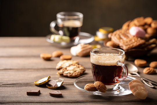 Cup Of Coffee With Traditional Sweets For Dutch Holiday Sinterklaas, Festive Breakfast, St. Nicolas Day Concept. Copy Space.