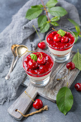 Sweet cherry cheesecake in glasses.
