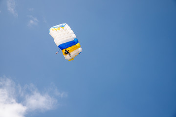 Skydiver soars in the blue sky. Acceptance