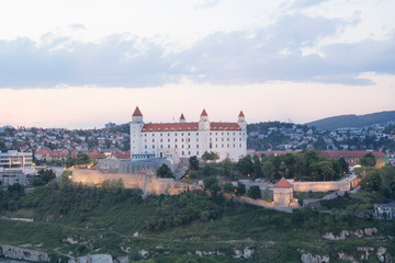 Fototapeta premium Beautiful view of the Bratislava castle on the banks of the Danube in the old town of Bratislava, Slovakia on a sunny summer day