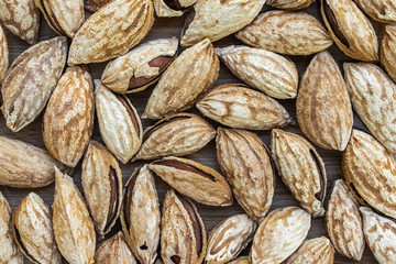 Background in the form of inshell almonds on a brown wooden surface