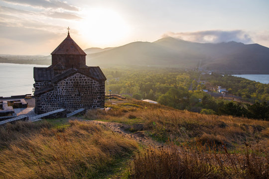 Views to Sevanavank monastery, the Lake Sevan and hills around it in Armenia