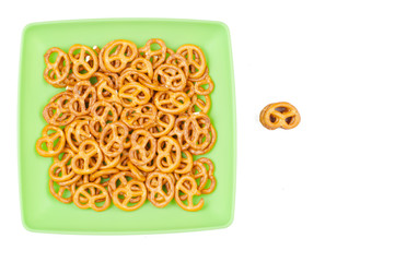 Salt pretzels isolated on white background.Copy space