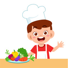 cute happy kid eat salad vegetable fruits