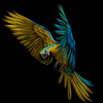 Portrait of a macaw parrot in flight. Color image of a blue-yellow macaw parrot on a black background.