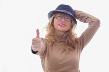 senior adult woman with hat and glasses isolated on white background