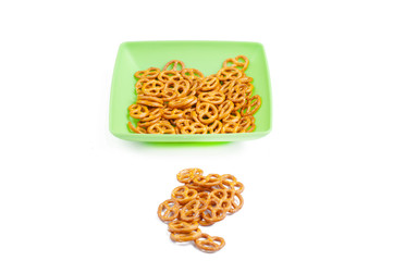 Salt pretzels isolated on white background.Copy space