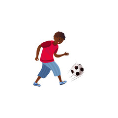 A teenager is playing soccer in a red t-shirt. Vector illustration in a flat cartoon style.