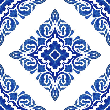 Abstract seamless ornamental watercolor arabesque paint tile pattern for fabric