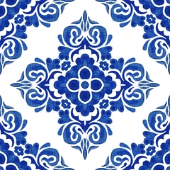 Fotobehang Blauw wit Abstracte damast naadloze sier aquarel verf bloemenpatroon. Elegante luxe textuur voor wallpapers, achtergronden en paginavulling