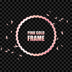 Rose gold metallic realistic round frame for text banner, card. Wedding invitation, birthday and celebration. Vector isolated object on a black background with shiny sparkles.