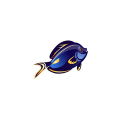 Blue coral fish with yellow lines. Vector illustration in the flat cartoon style