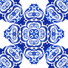 Abstract blue and white hand drawn tile seamless ornamental watercolor paint pattern